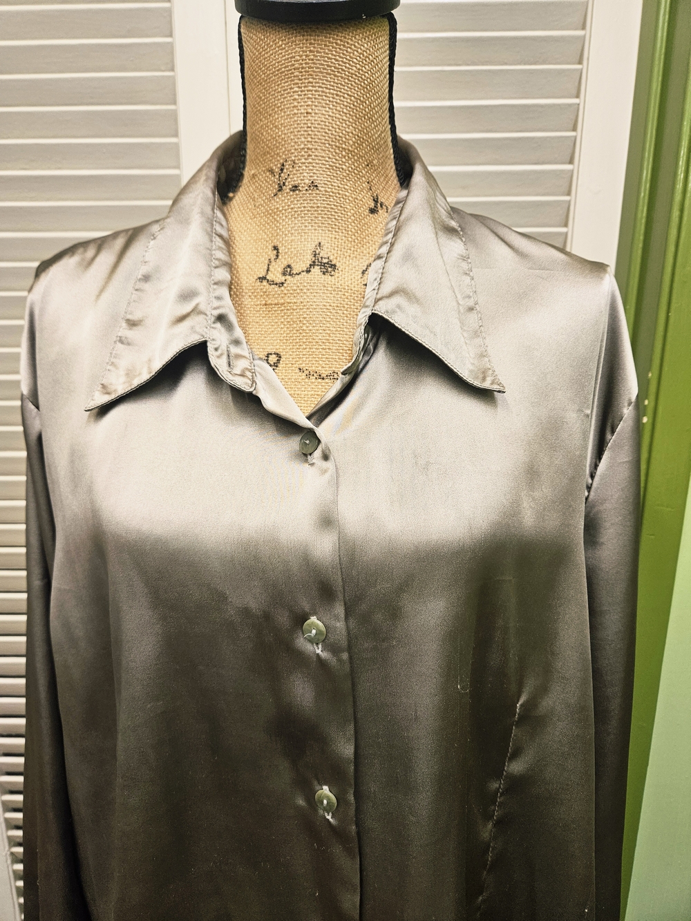Lane Bryant Designs Top Shiny Satin Button-Front Shirt - Champagne Green - Picture 9 of 10